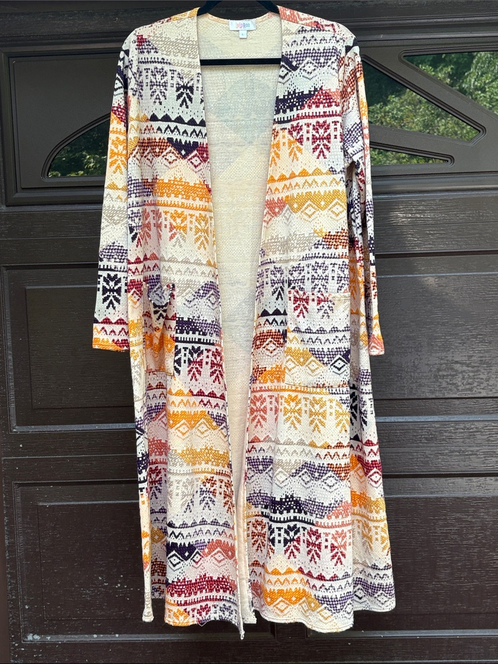 LuLaRoe Cream Cardigan with Mustard, Burgundy & Navy Pattern